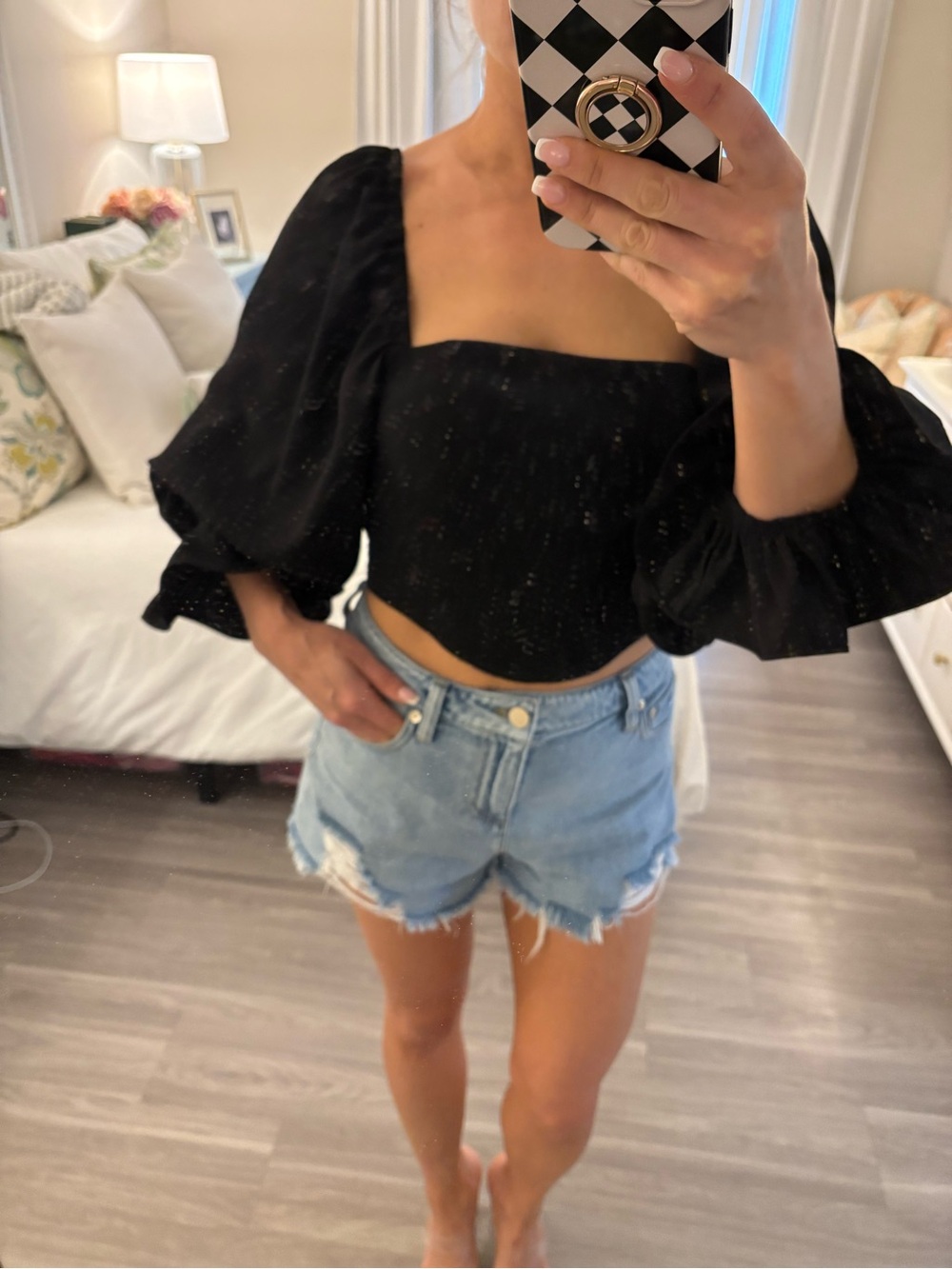 🖤 Amanda Uprichard Black Puff Sleeve Crop Top